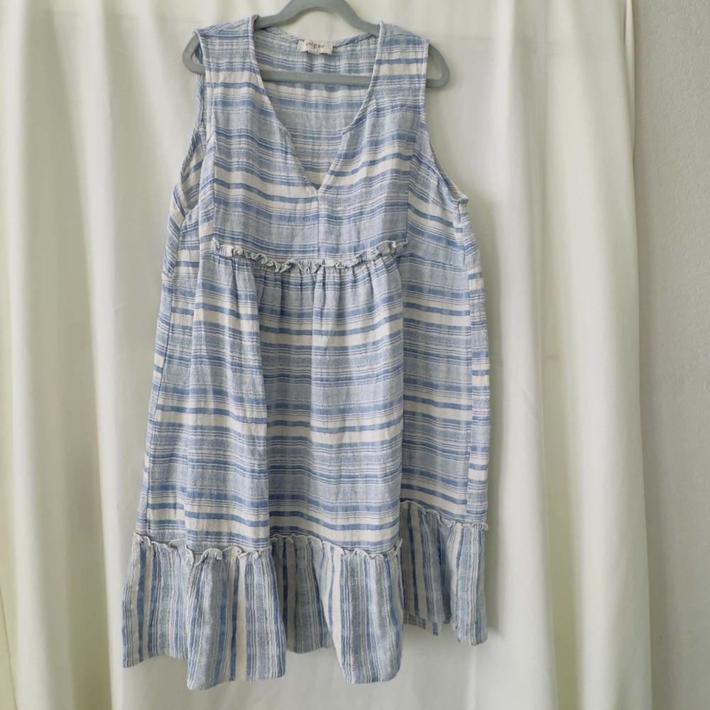 Umgee Size Large Blue Striped Cotton Linen Dress Coastal Boho Lagenlook Ruffle